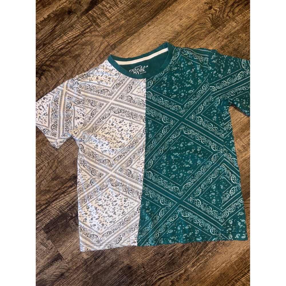 Eighty Eight Brand Men Small Bandana Paisley Split T-Shirt Teal White Colorblock